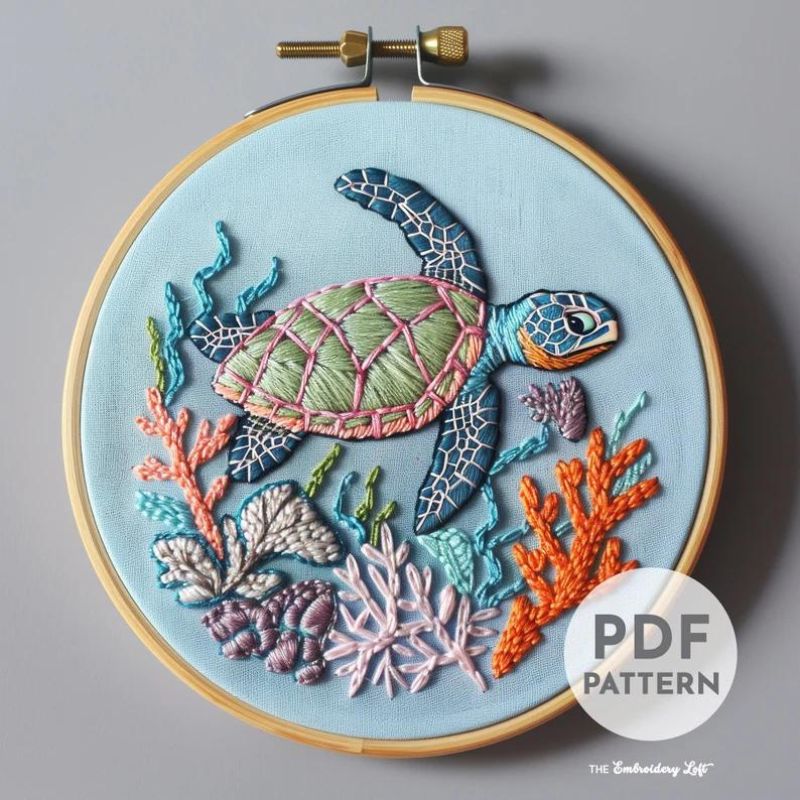 Sommerliche Stickmuster Meeresschildkröte - Ozean Tierwelt Handstickerei PDF-Anleitung Von The Embroidery Loft Co